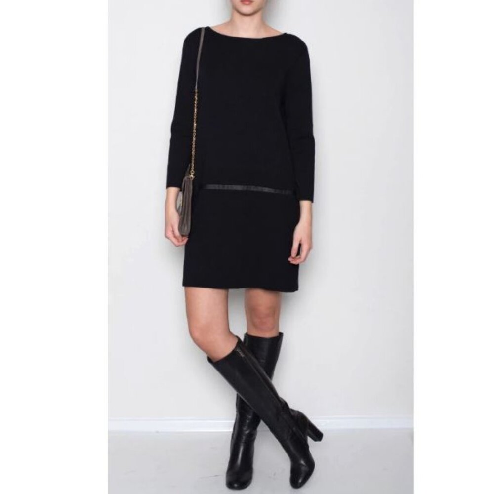 COS 100% Wool Minimalist Black Midi Sweater Dress Leather Trim Crew Neck